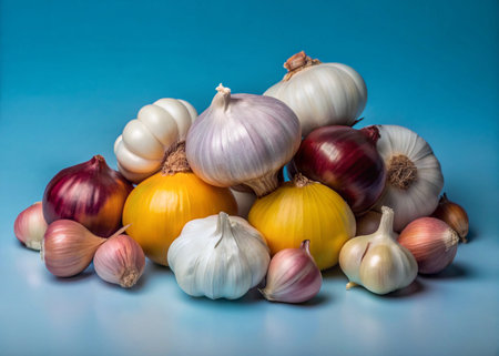 Garlic, onion, shallot on a blue backgroundの写真素材
