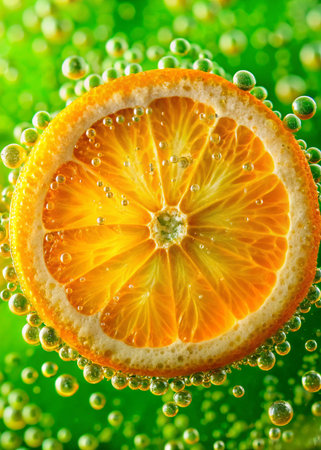 Slices of orange in water with bubbles on green background.の写真素材