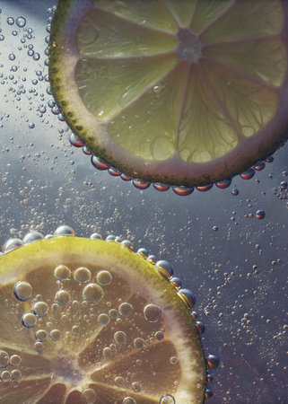 Slices of lemon and lime in the water with bubbles.の写真素材