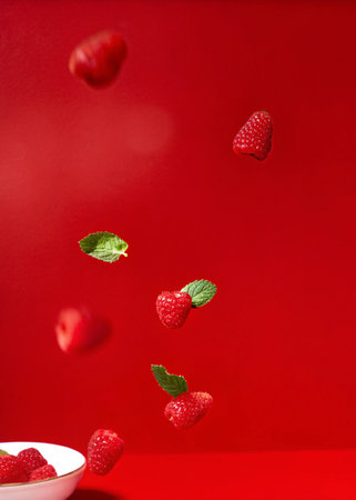 Flying strawberries and mint leaves on a red background. Creative food concept.の写真素材