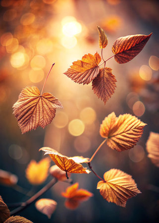 Autumn leaves in sunlight. Fall season nature background. Selective focus.の写真素材