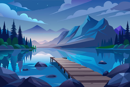 Wooden pier on the lake in the mountains. Vector illustration.のイラスト素材