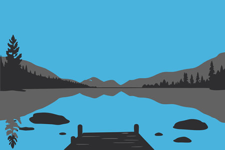 Landscape with lake and mountains. Vector illustration in flat style.のイラスト素材