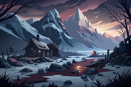 Mountain landscape with wooden house at night. Vector illustration in cartoon styleのイラスト素材