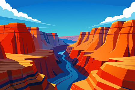 Cartoon landscape with river and sandstone cliffs. Vector illustration.のイラスト素材