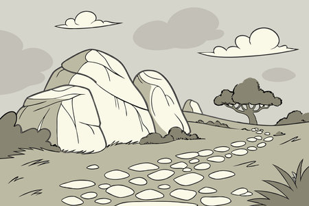 Illustration of a stone path in the mountains with trees and cloudsのイラスト素材