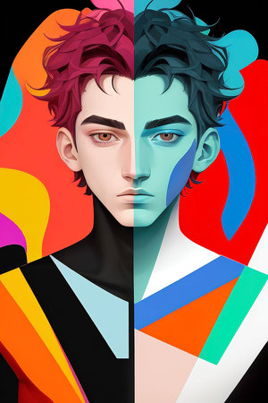 3d illustration of a young man with multi-colored hair.の写真素材