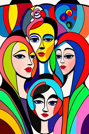 Vector illustration of a group of women with different hairstyles in the style of pop artの写真素材