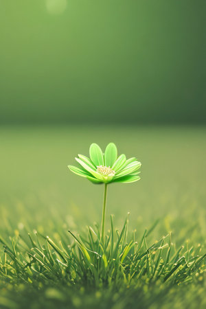 Green flower growing in the grass with a bokeh background.の写真素材