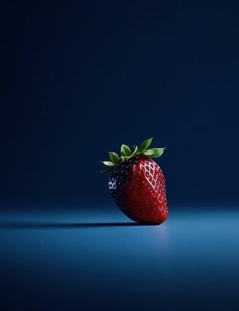 Strawberry on dark blue background. Minimalist still life.の写真素材