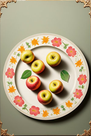 Apples on a plate with a floral ornament on a green backgroundの写真素材