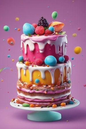Colorful birthday cake with candies on pink background