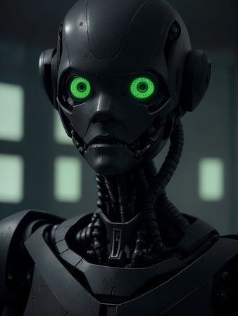 close-up of a robot head with green eyes on a dark background