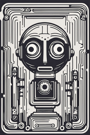 Robot, vector illustration. Black and white robot on a dark background.の写真素材