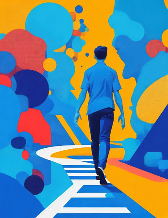 Man walking on the road in front of colorful background. 3D renderingの写真素材