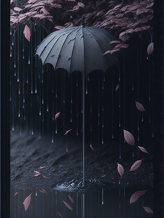 Black umbrella in the rain. 3D illustration. Black background.の写真素材