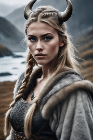 Beautiful young woman in a fur coat with horns. Fantasy portrait.の写真素材