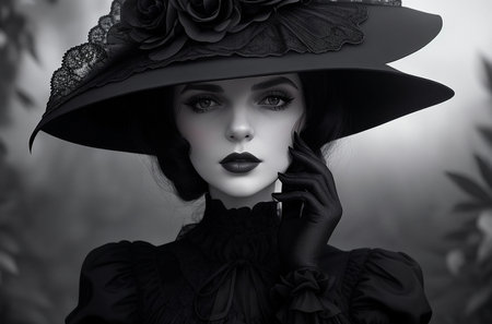 Portrait of a beautiful girl in a black hat.の写真素材