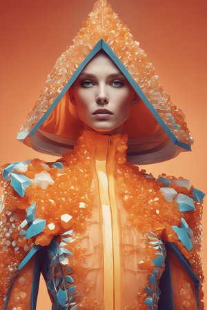 Fashion shot of a beautiful young woman in a futuristic orange costume.の写真素材