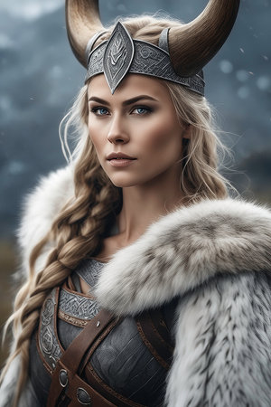 Portrait of a beautiful steampunk woman with long braided hair dressed in a fur coat and helmet. Fantasy, fantasy.の写真素材