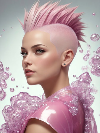Beautiful girl with pink hair in a shiny pink dress. 3d renderingの写真素材