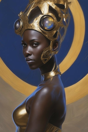 Portrait of a beautiful African American woman in futuristic costume.の写真素材
