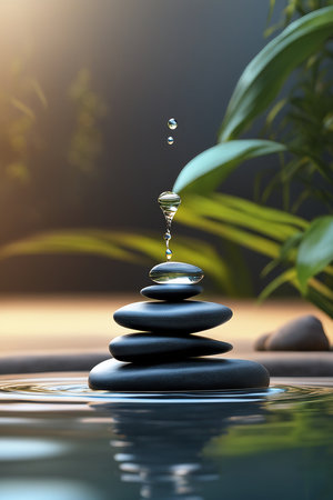 Concept of balance with zen stones and water drops. 3d renderingの写真素材