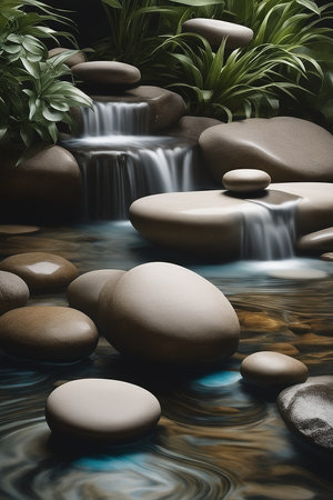 3d render of a waterfall with stones and plants in the waterの写真素材