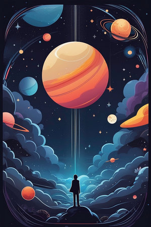 Astronaut looking at the planets in space. Vector illustration.の写真素材