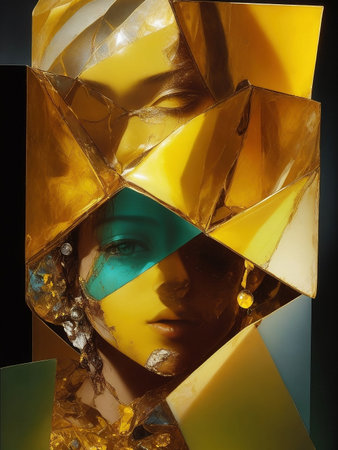 Close-up portrait of a woman's face covered with gold foilの写真素材