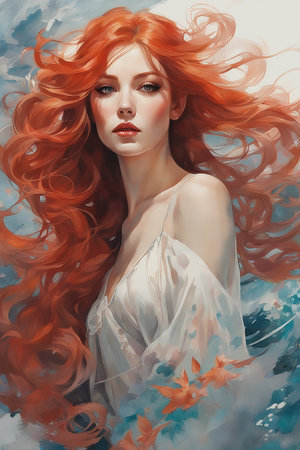 Portrait of a red-haired girl with long curly hair.の写真素材