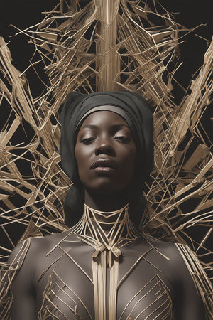 Portrait of an African woman in a black headscarfの写真素材