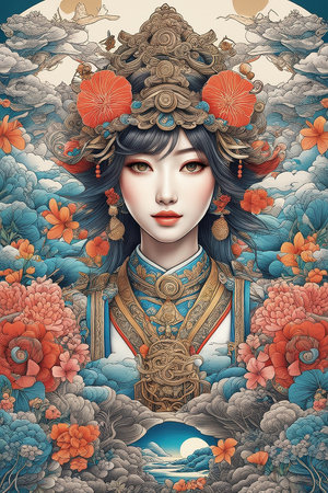 3D illustration of a beautiful Asian woman in a Chinese dress.の写真素材