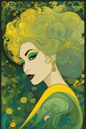 Beautiful girl with green hair and yellow make-up. Vector illustration.の写真素材