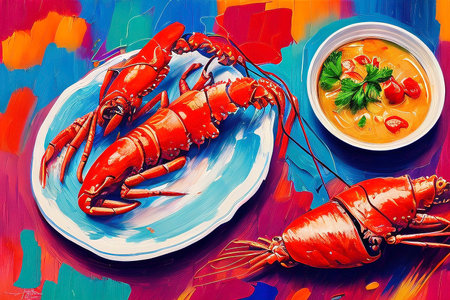 Lobster with chili sauce on colorful background. Illustration.の写真素材