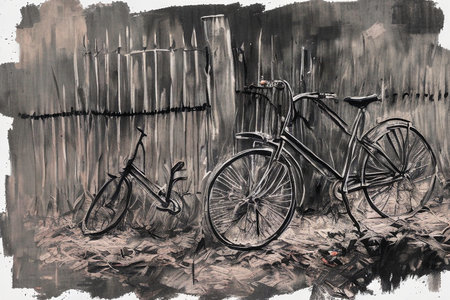 Bicycles by the river on a background of wooden wall.の写真素材