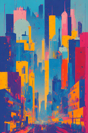 abstract urban background with blue, yellow, orange and red colorsの写真素材