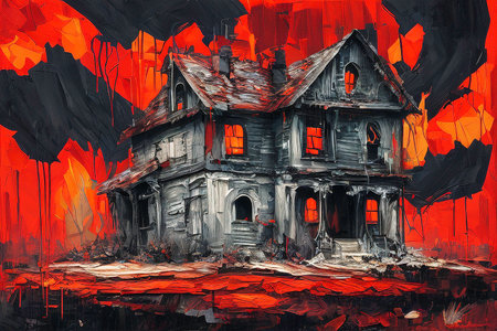 Old house in the fire. Illustration of an old abandoned houseの写真素材