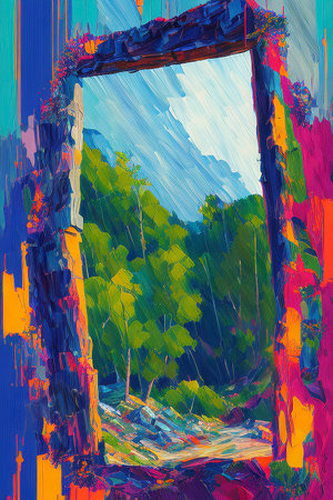 abstract painting of a landscape with a window in the foreground.の写真素材