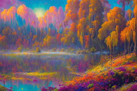 Colorful autumn landscape with lake and forest. Digital painting on canvas.の写真素材