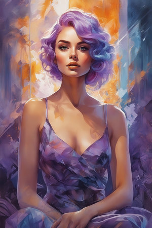 Portrait of a girl with purple hair and bright makeup.の写真素材