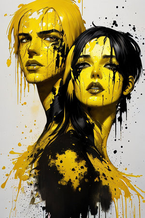Portrait of two girls with yellow and black hair and make-upの写真素材