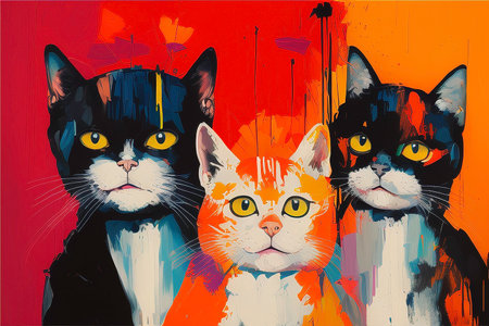 Colorful portrait of a group of cats on an orange background.