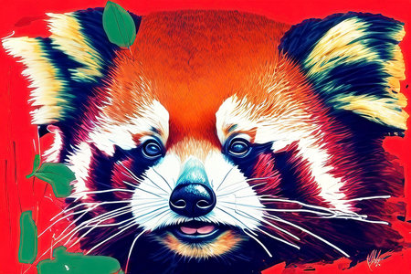 Red panda portrait. Red panda on a red background.の写真素材
