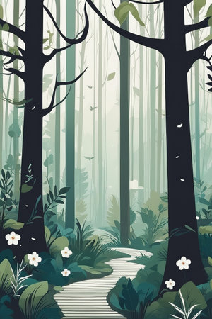 Forest landscape with path and trees. Vector illustration in cartoon style.の写真素材
