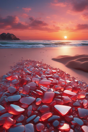 Beautiful sunset over the sea with red stones on the foreground.の写真素材