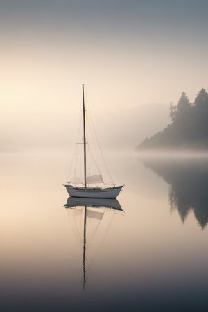 Sailboat on a foggy morning at Loch Ness, Scotlandの写真素材