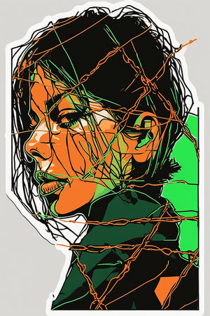 Portrait of a girl in a cage. Vector illustration.