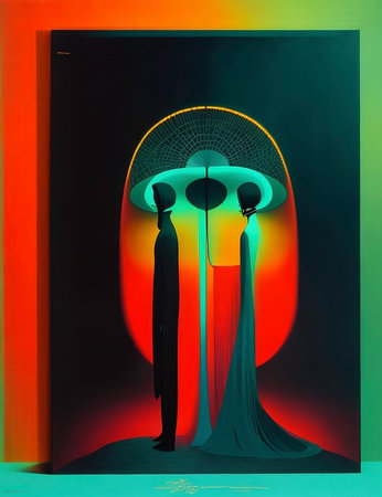 Illuminated lanterns on a black background with neon lightsの写真素材