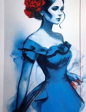 Digital painting of a woman with a red flower in her hairの写真素材